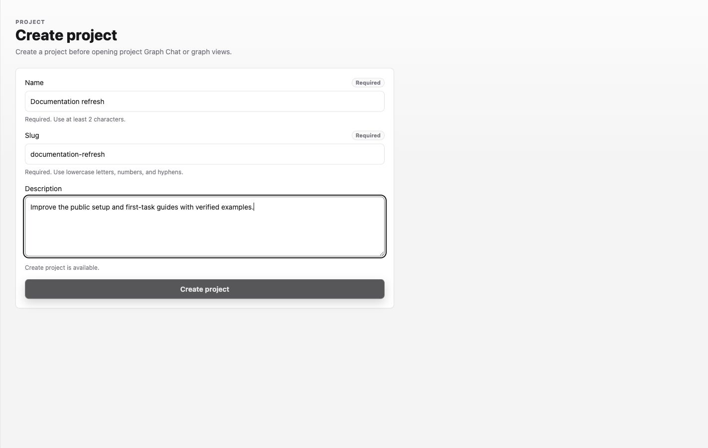 Create project form filled with the Documentation refresh example.