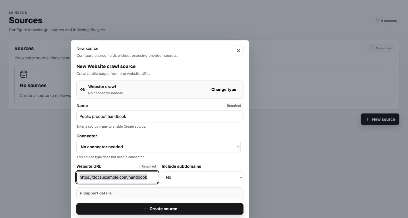 Website crawl source form filled with a privacy-safe example and ready to create.