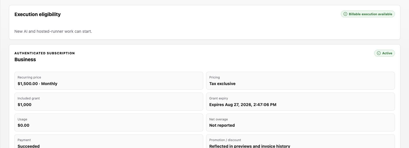 Billing summary showing execution eligibility, subscription state, and plan values.
